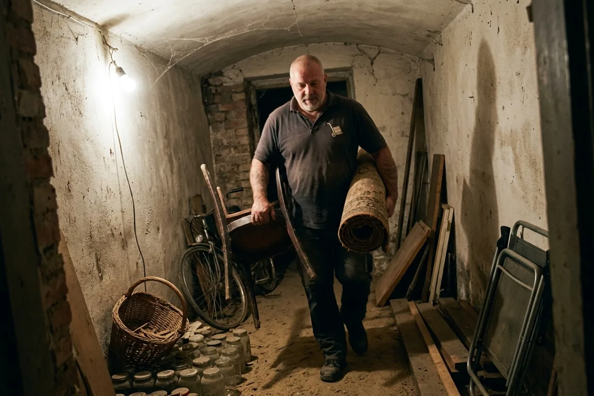 Mitarbeiter trägt alten Holzstuhl und Teppichrolle aus einem vollgestellten Kellergang unter blankem Glühbirnenlicht