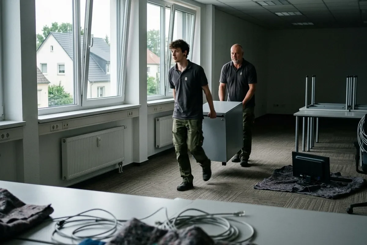 Zwei Mitarbeiter rollen einen Bürocontainer durch ein leergeräumtes Großraumbüro mit zerlegten Schreibtischen