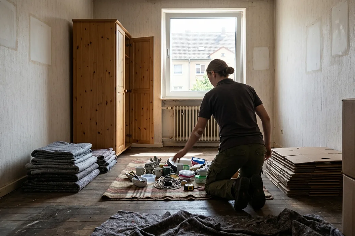Mitarbeiterin kniet in einer fast leeren Wohnung und sortiert Wäsche, Geschirr und flachgelegte Kartons
