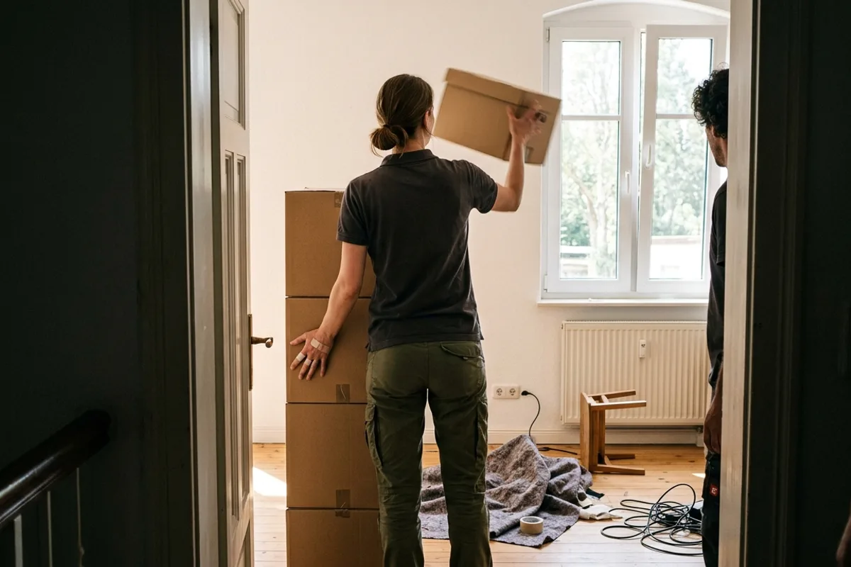 Blick durch die offene Wohnungstür auf eine Mitarbeiterin, die braune Kartons stapelt
