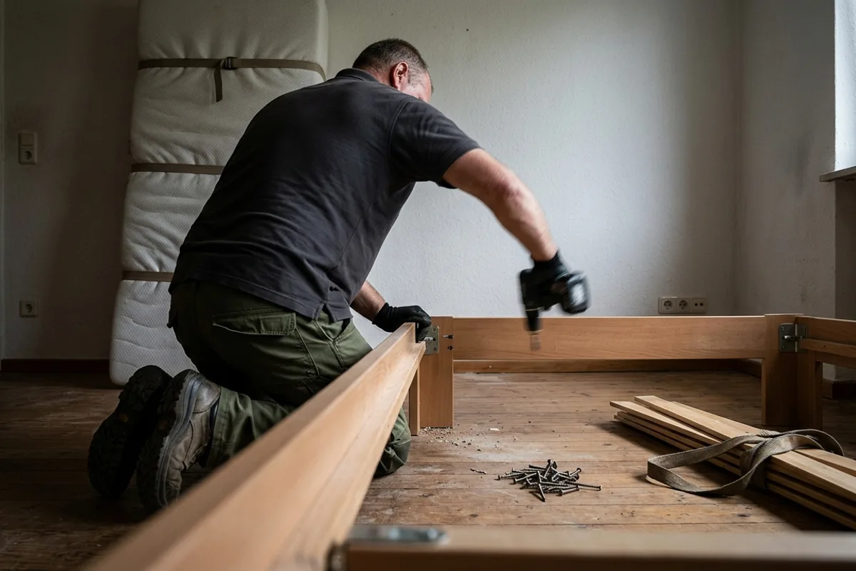 Mitarbeiter kniet vor einem halb zerlegten Bettgestell und dreht eine Schraube am Beschlag heraus