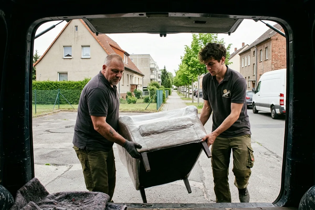 Zwei Träger heben einen in Folie gewickelten Sessel über die Ladekante des Transporters