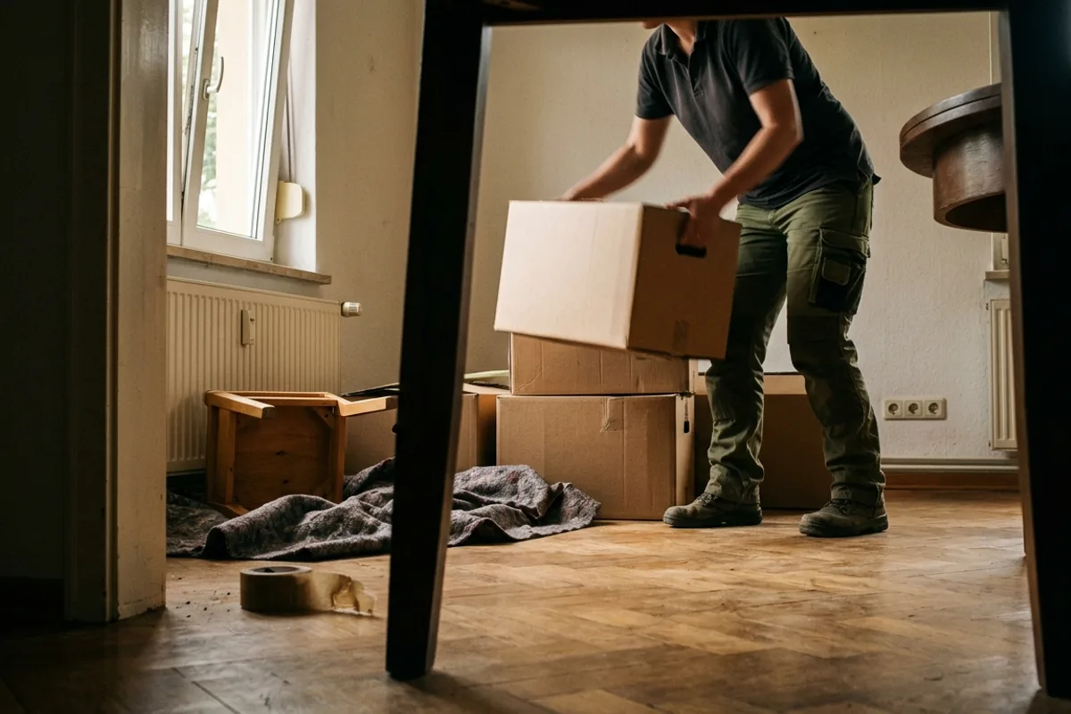 Vom Boden aus gesehen hebt eine Person einen braunen Karton vom Stapel im Wohnzimmer