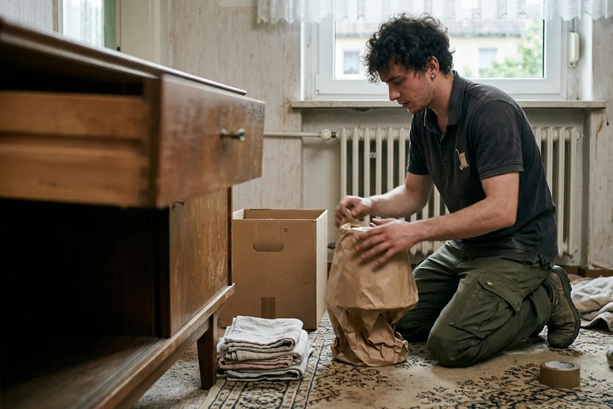 Mitarbeiter kniet auf dem Teppich einer älteren Wohnung und wickelt Hausrat in Packpapier