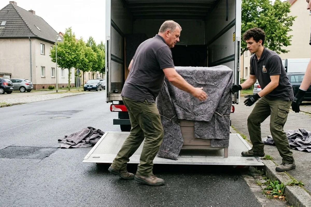Zwei Träger schieben eine in Decken gewickelte Kommode über die Ladebordwand in den Umzugswagen