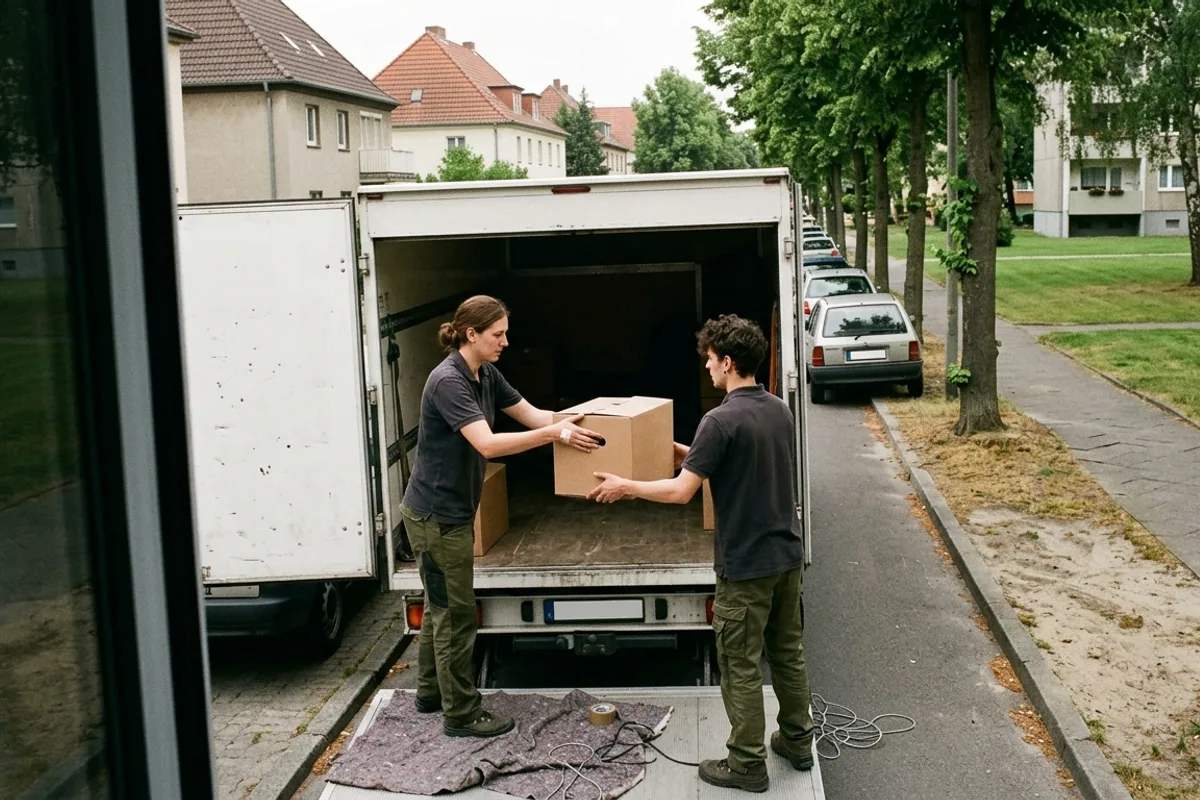 Zwei Mitarbeiter reichen sich am Heck des Kofferwagens einen Karton über die Ladebordwand