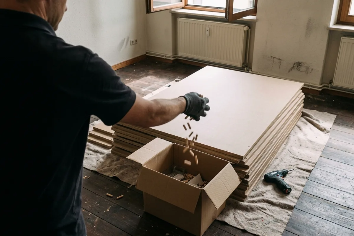 Behandschuhte Hand lässt Dübel in eine Schachtel neben dem zerlegten Schrank fallen
