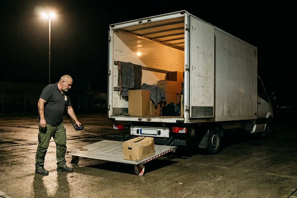 Mitarbeiter senkt bei Nacht die Ladebordwand des Umzugswagens unter einem einzelnen Flutlicht