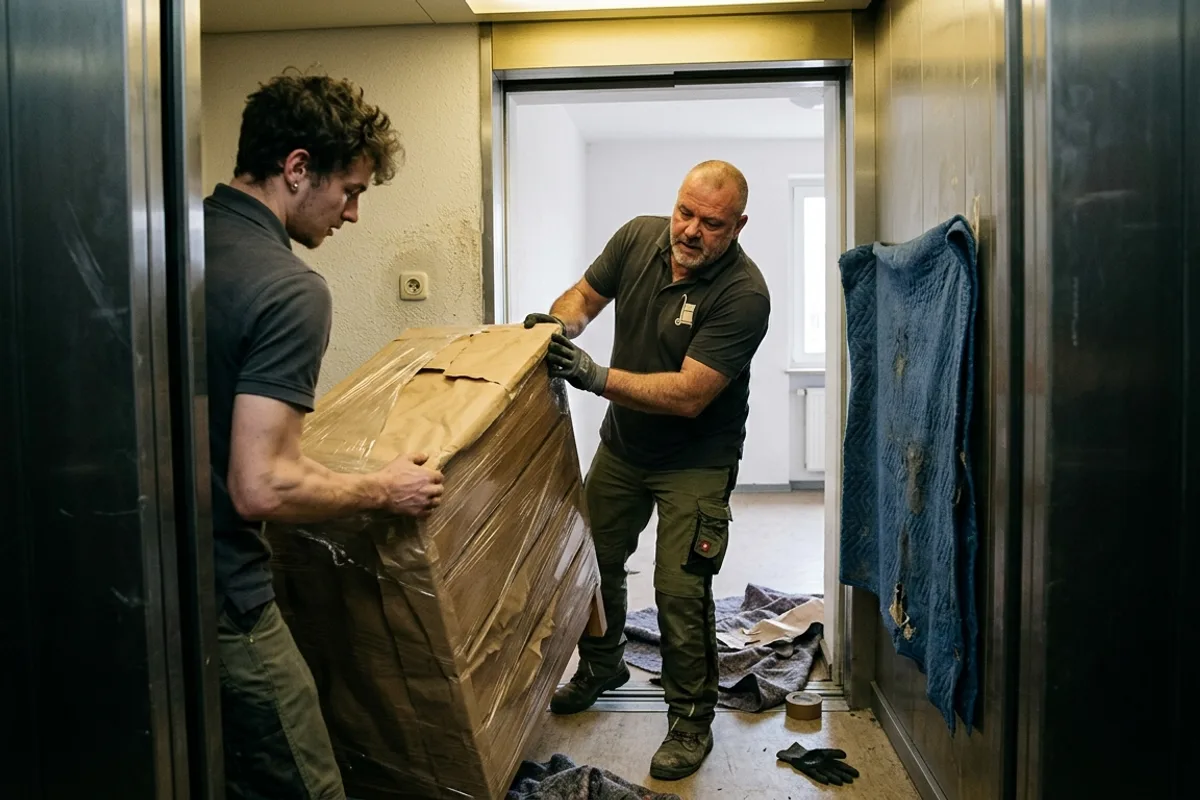 Zwei Umzugshelfer kippen eine eingepackte Kommode durch die offene Tür eines Aufzugs