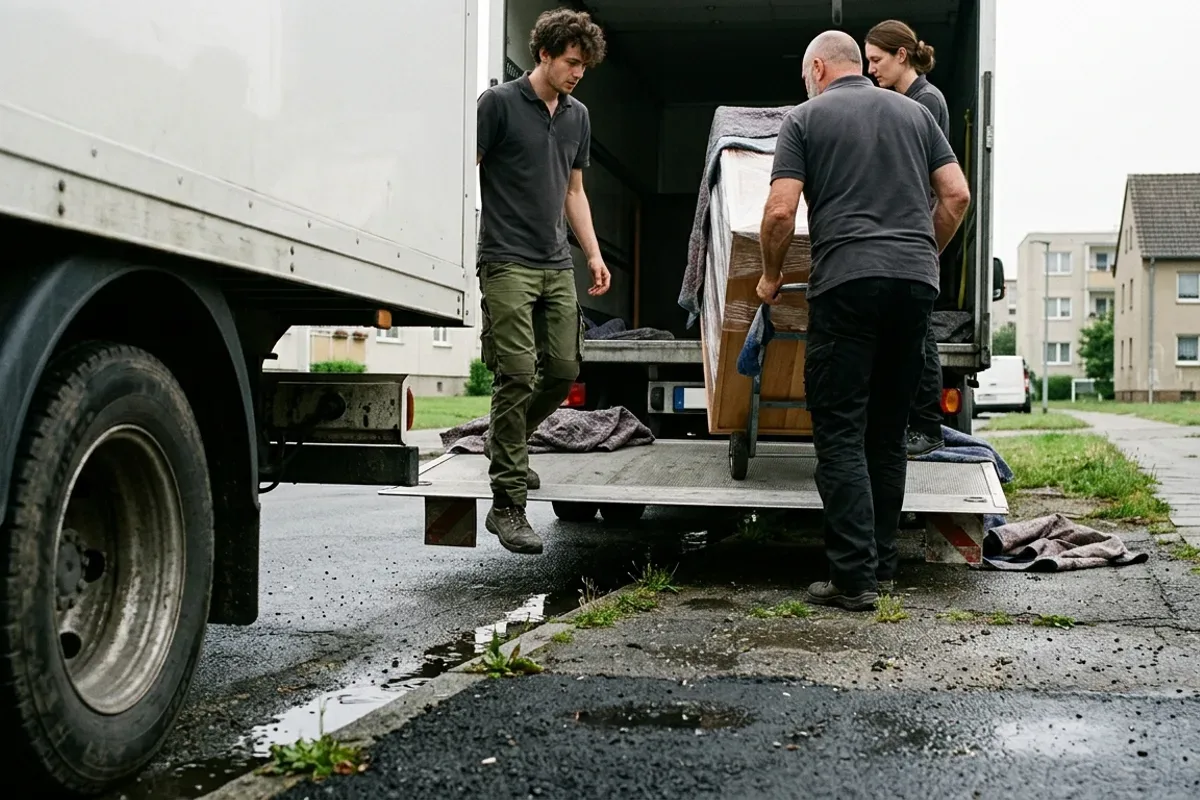 Umzugsteam lädt einen eingepackten Schrank über die Ladebordwand eines weißen Kofferwagens