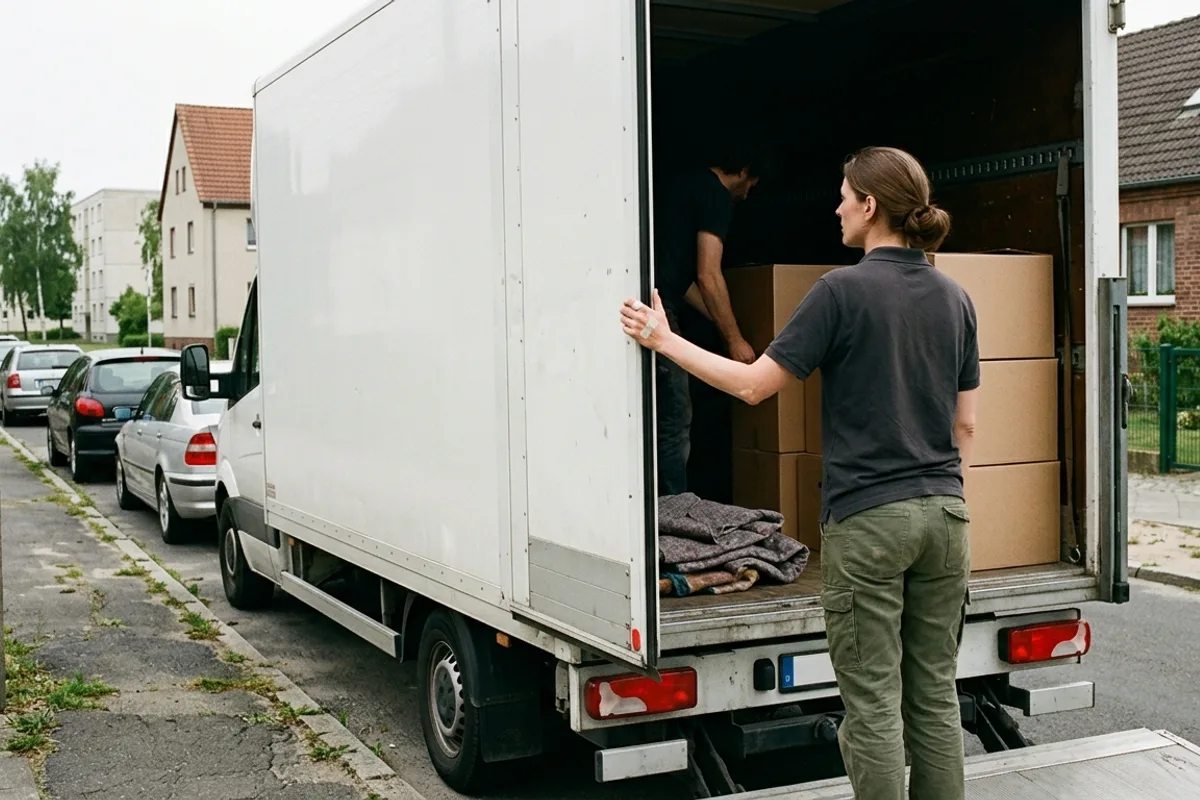 Mitarbeiterin kontrolliert am offenen Heck des Kofferwagens die gestapelten Kartons im Laderaum