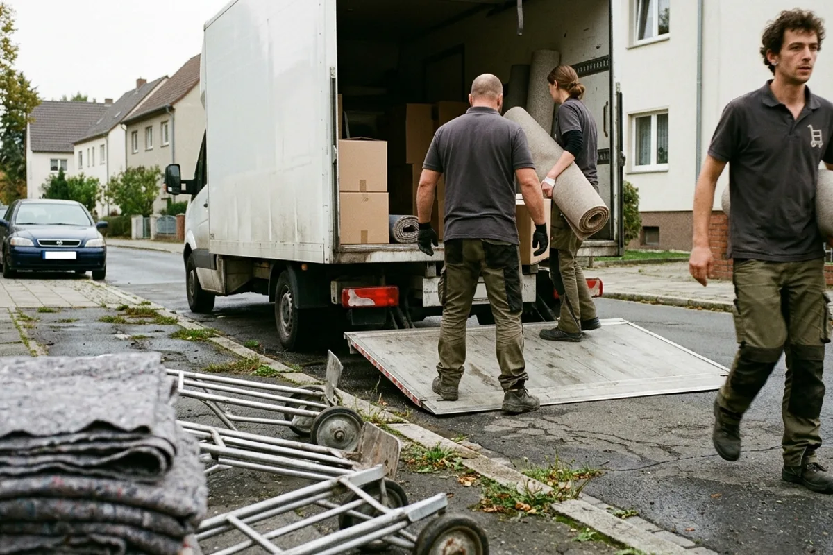 Gestapelte Decken und Sackkarren am Bordstein vor dem offenen Heck mit ausgefahrener Rampe