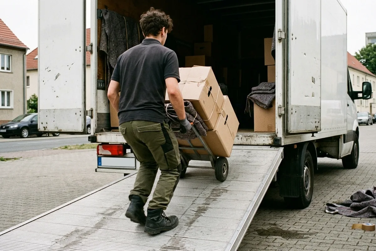 Umzugshelfer schiebt eine beladene Sackkarre die Ladebordwand hinauf in den dunklen Laderaum