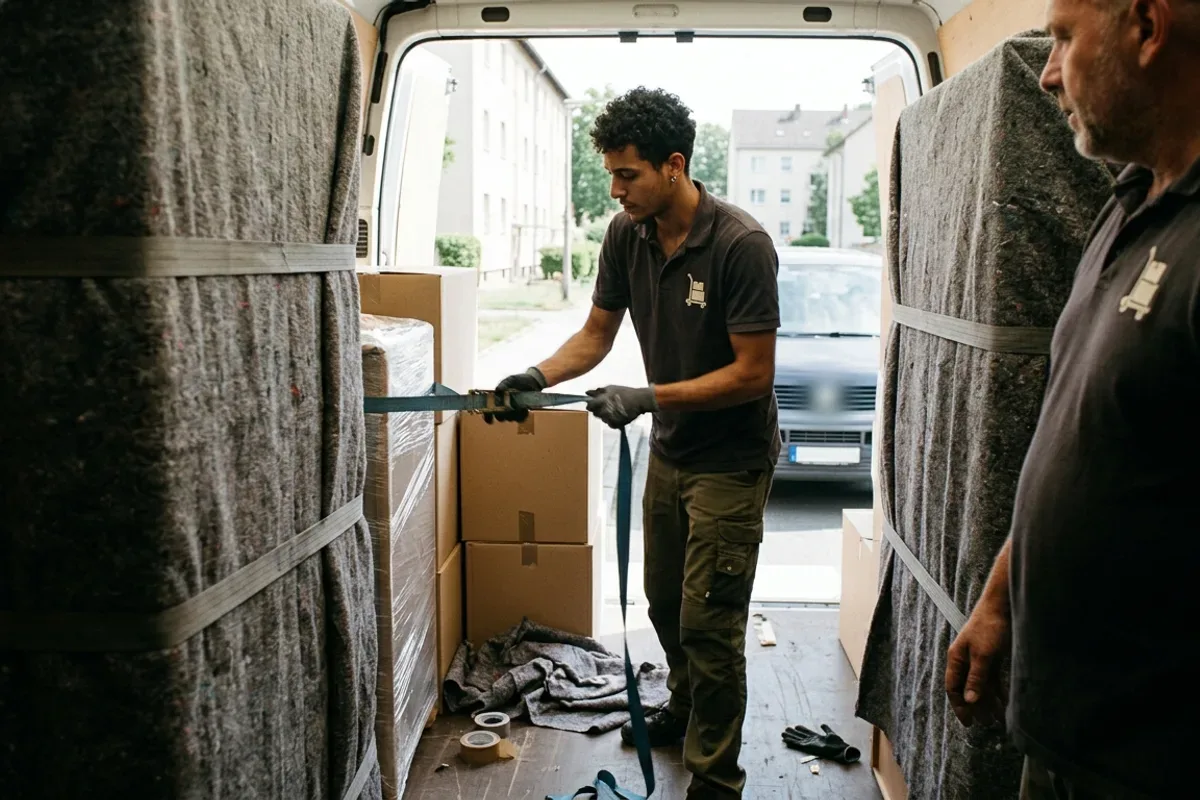 Zwei Helfer ziehen im Laderaum zwischen eingepackten Schränken einen Spanngurt straff