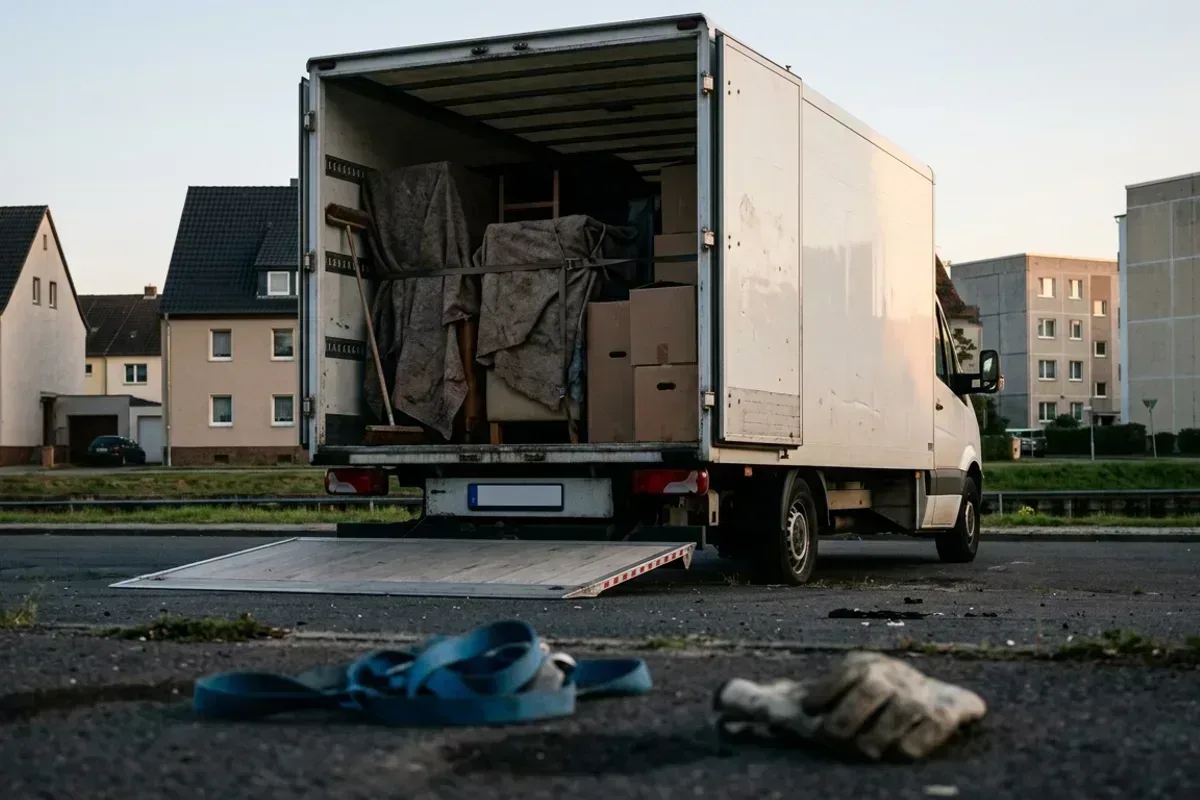 Beladener Kofferwagen mit heruntergelassener Rampe am Abend, davor Gurt und Arbeitshandschuh auf dem Asphalt