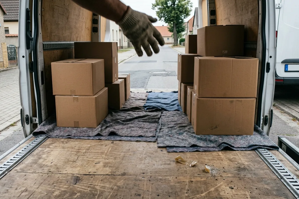 Halb beladener Laderaum mit Kartongruppen auf Umzugsdecken, eine behandschuhte Hand greift ins Bild