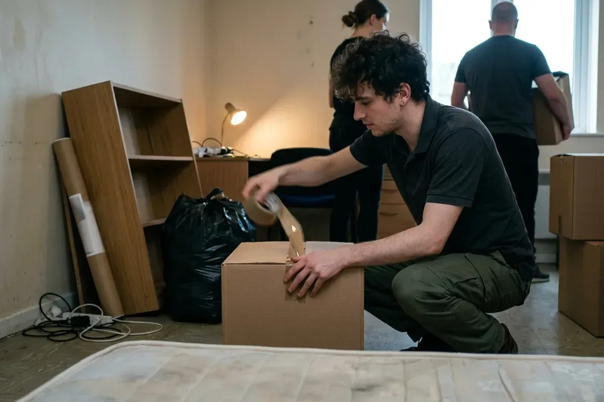 Junger Helfer klebt in einem leergeräumten Zimmer einen Karton zu