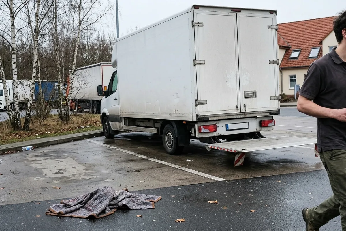 Kofferwagen mit ausgefahrener Ladebordwand steht auf nassem Rastplatz zwischen Lastwagen und Birken