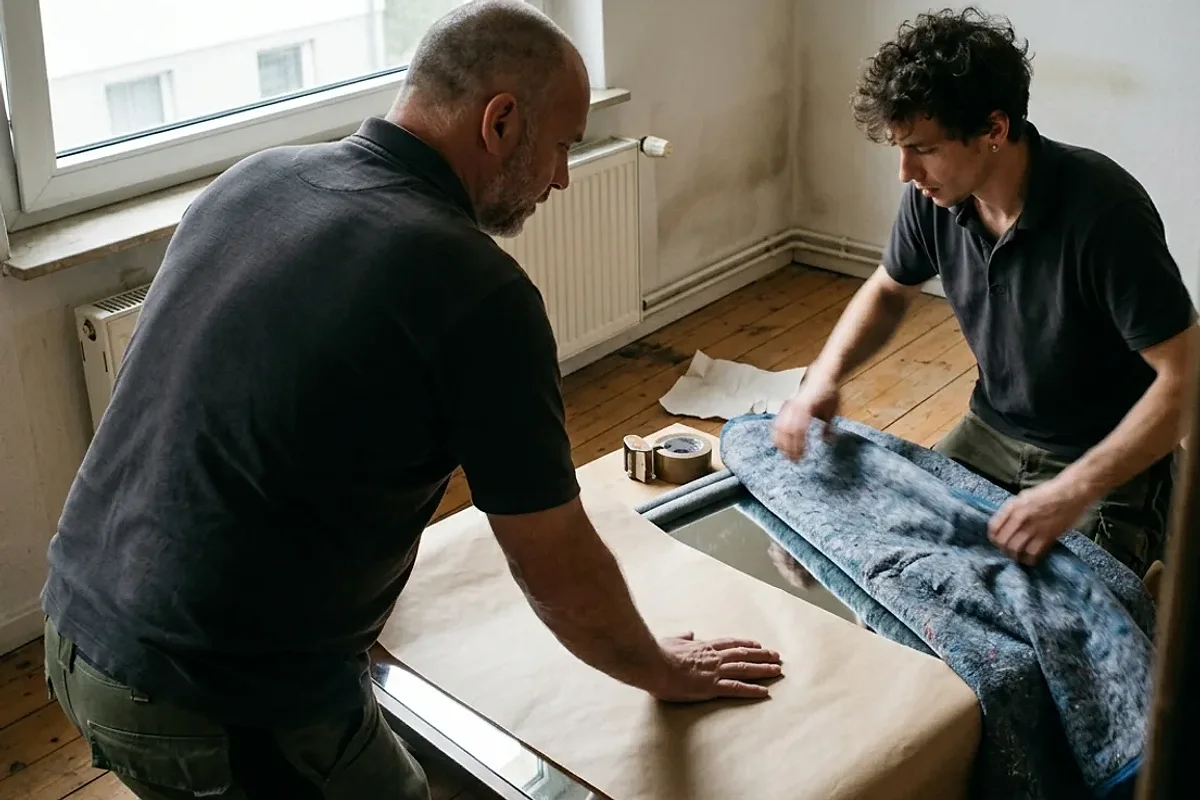 Zwei Helfer schlagen einen Spiegel in Packpapier und eine Umzugsdecke ein