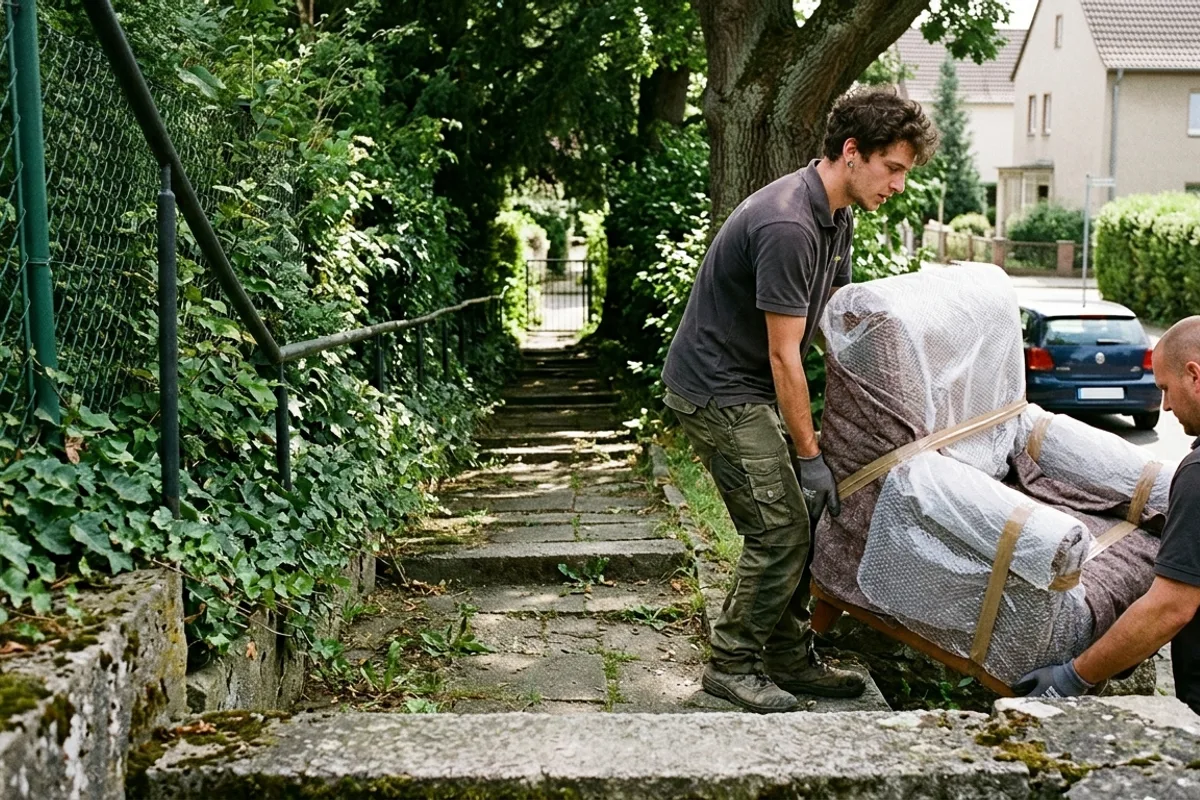 Zwei Umzugshelfer tragen einen eingepackten Sessel eine steile, moosbewachsene Gartentreppe hinunter