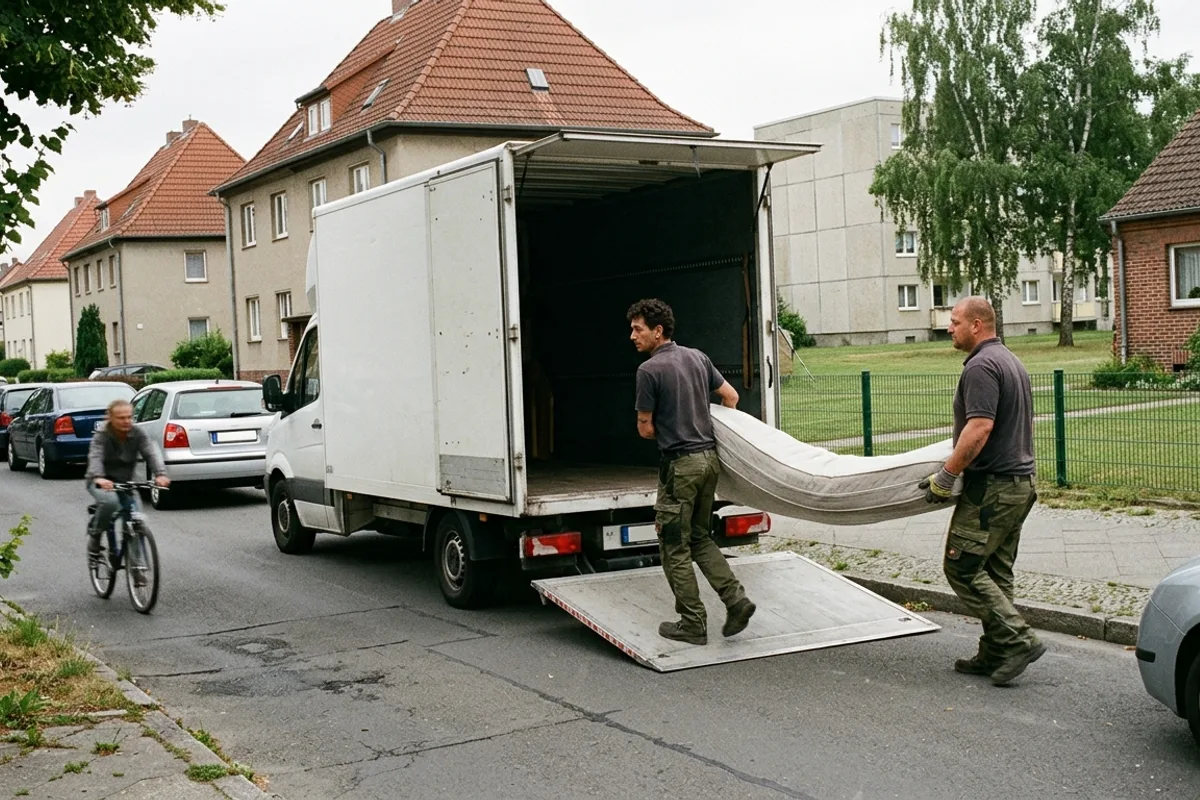 Zwei Helfer tragen eine Matratze zum offenen Umzugswagen am Straßenrand, ein Radfahrer fährt vorbei