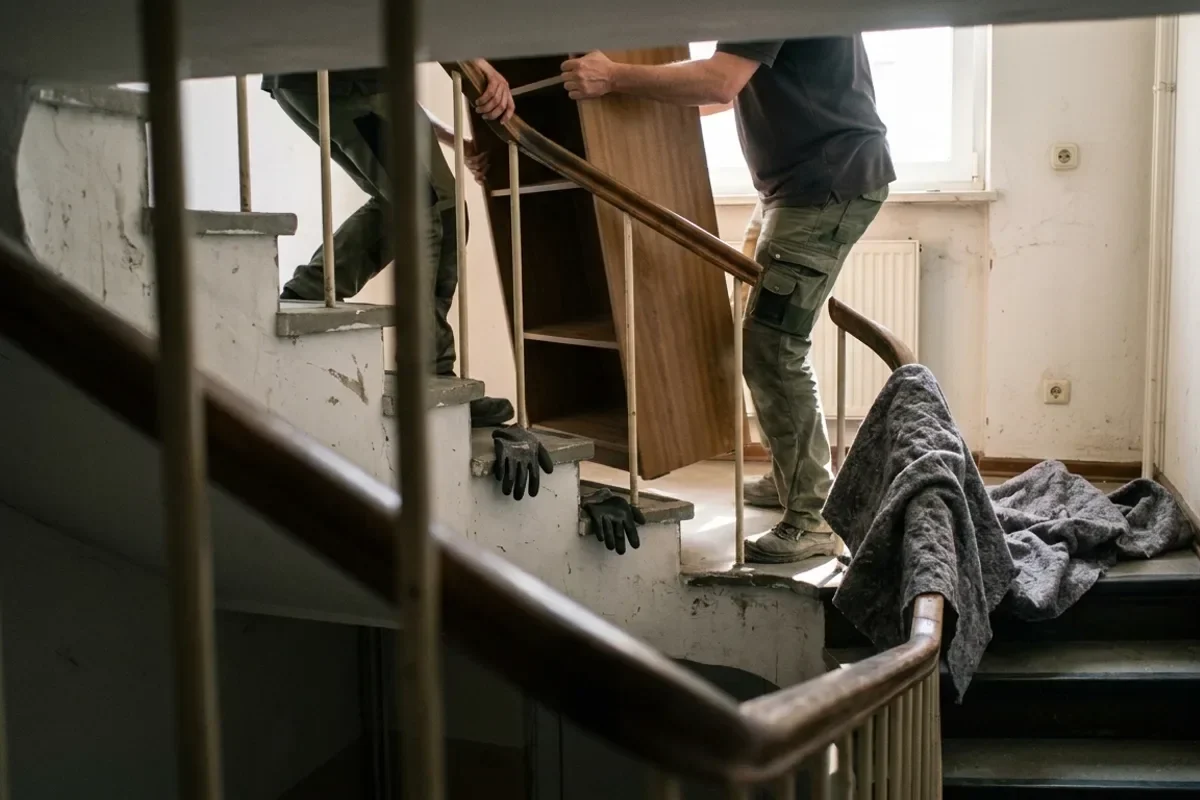 Zwei Umzugshelfer manövrieren ein hohes Regal durch das Treppenhaus, eine Decke hängt über dem Geländer
