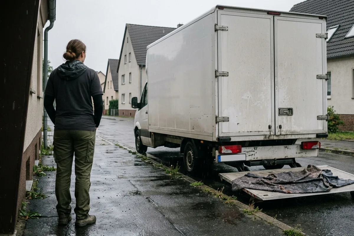 Im Regen wartet eine Helferin im Hauseingang, am Wagen liegt eine nasse Decke auf der Ladebordwand