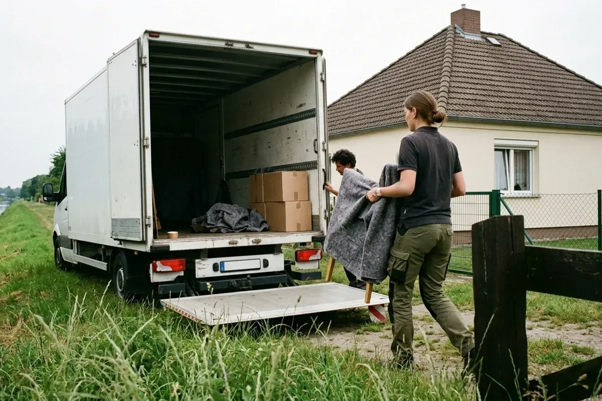 Eine Helferin trägt einen in Decken gewickelten Stuhl zum offenen Umzugswagen vor einem Einfamilienhaus