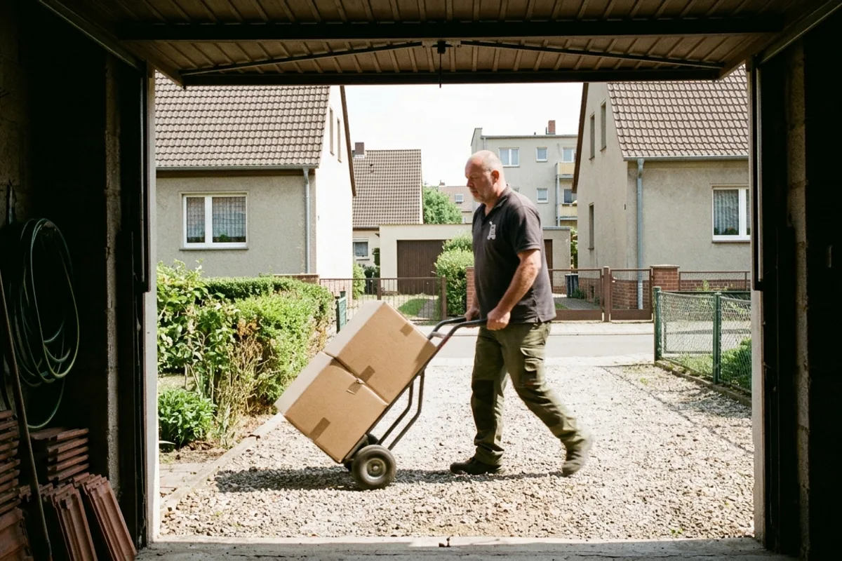 Blick aus einer dunklen Garage auf einen Helfer, der eine Sackkarre mit zwei Kartons schiebt