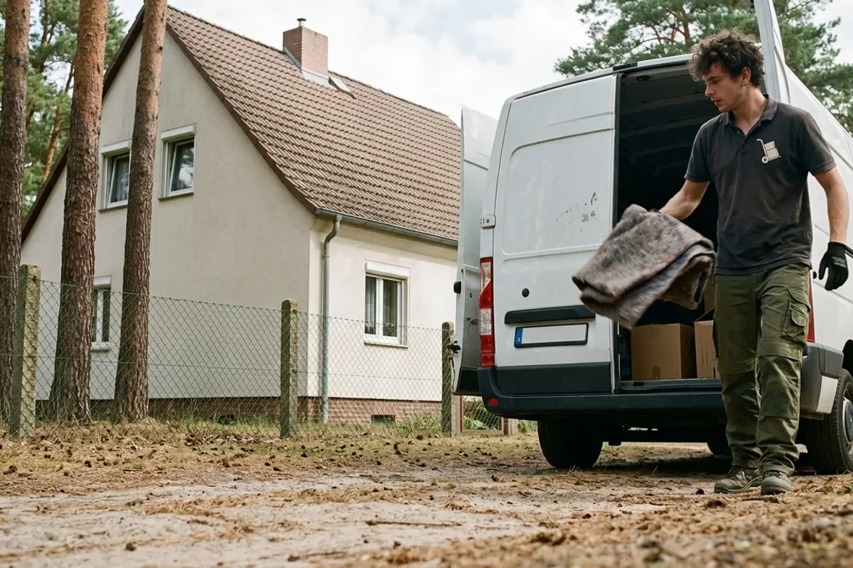 Ein Umzugshelfer nimmt eine gefaltete Decke aus dem offenen Transporter auf einem sandigen Grundstück