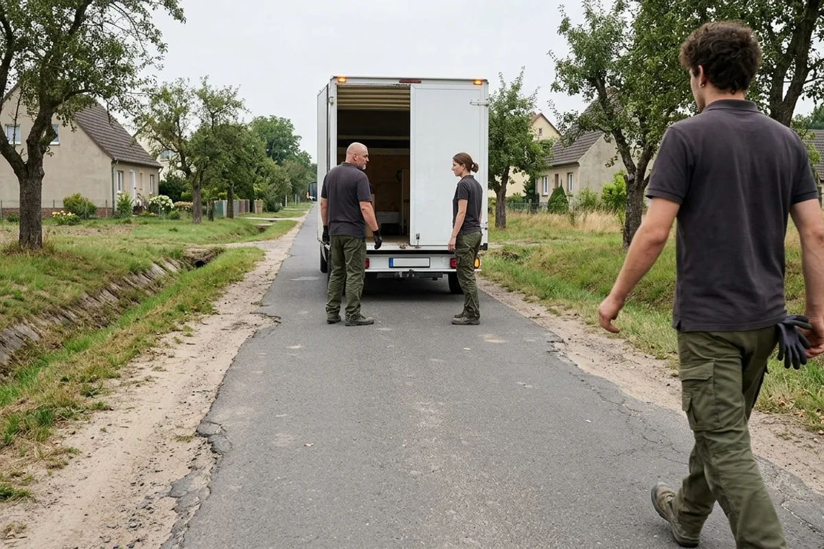 Ein Helfer geht über eine löchrige Dorfstraße zum Transporter, zwei Kollegen beladen ihn am Heck