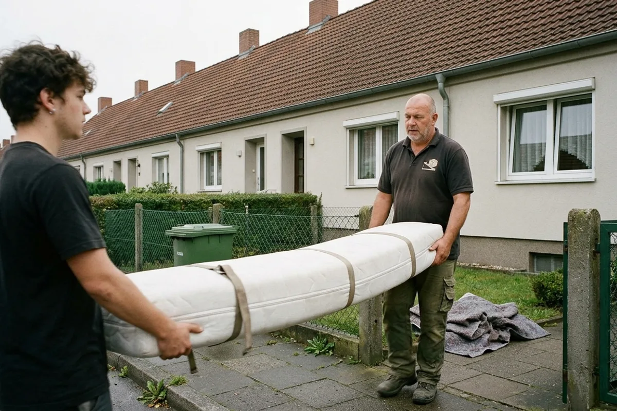 Zwei Helfer tragen eine gerollte Matratze vor einer Reihe verputzter Siedlungshäuser