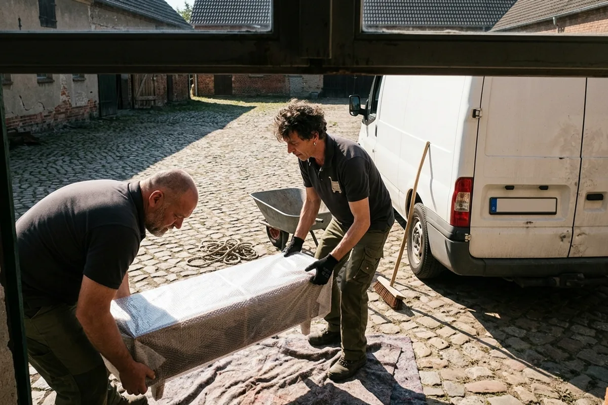 Zwei Helfer setzen eine eingepackte Kommode im gepflasterten Hof neben dem Transporter ab