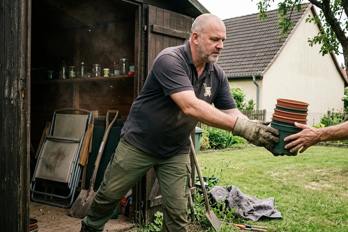 Ein Helfer reicht gestapelte Blumentöpfe aus einem Gartenschuppen heraus, eine zweite Hand nimmt sie entgegen