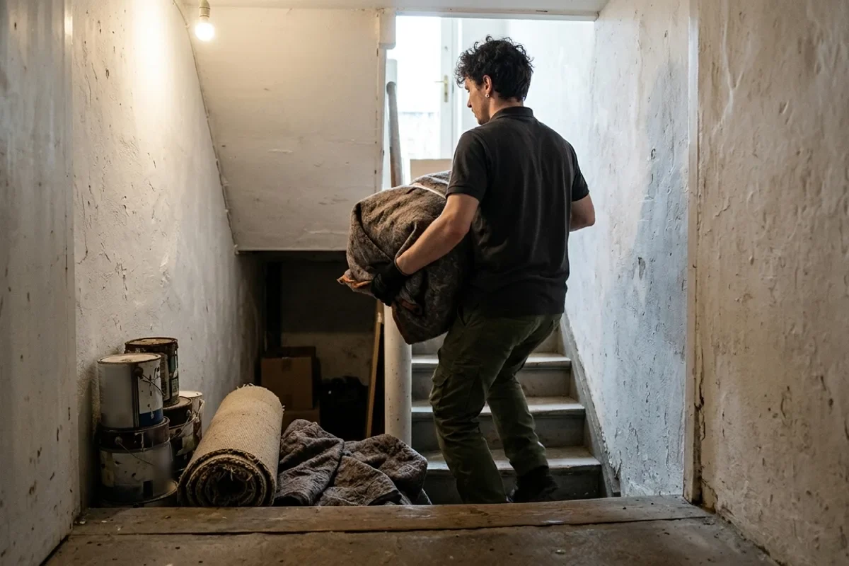 Ein Helfer trägt ein eingewickeltes Bündel die Kellertreppe hinauf, daneben stehen alte Farbdosen
